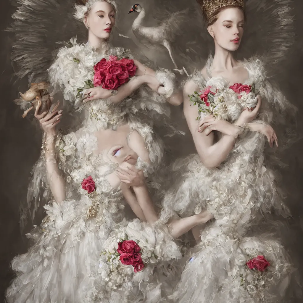 Image similar to a queen with a decorated dress made of white and cream colored roses holding a swan in her arms, highly detailed, digital painting, trending on artstation , HD quality, by meredit frampton dramatic light, octane