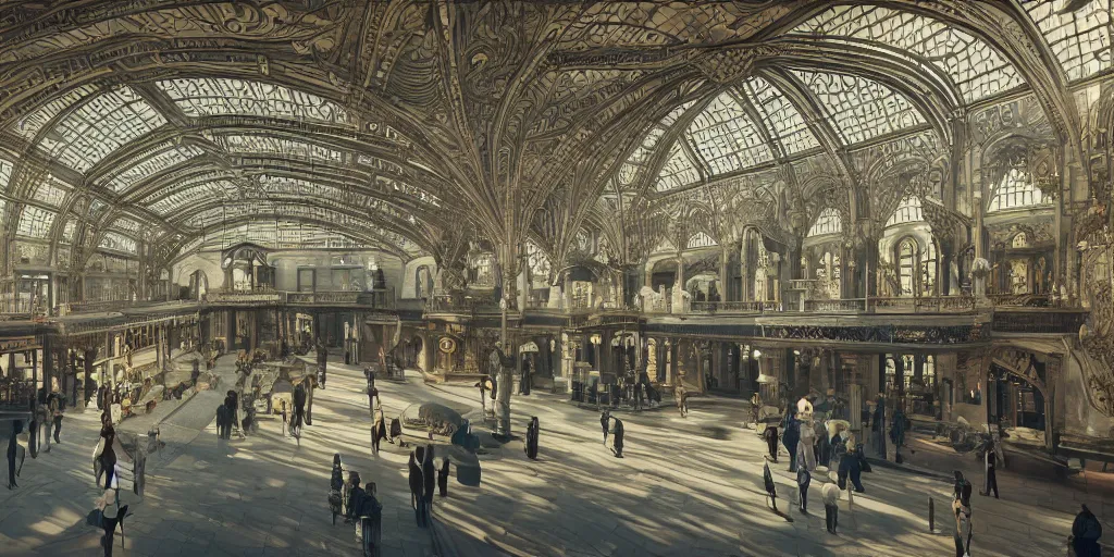 Image similar to cinematic movie scene, 200mm wide shot, precise architectural rendering, interior of victorian era railway station with ornate art nouveau architecture, bustling with people and, victorian architecture, emerald, crystalline, detailed illustration, sharp focus, concept art, unreal engine, octane render, god rays