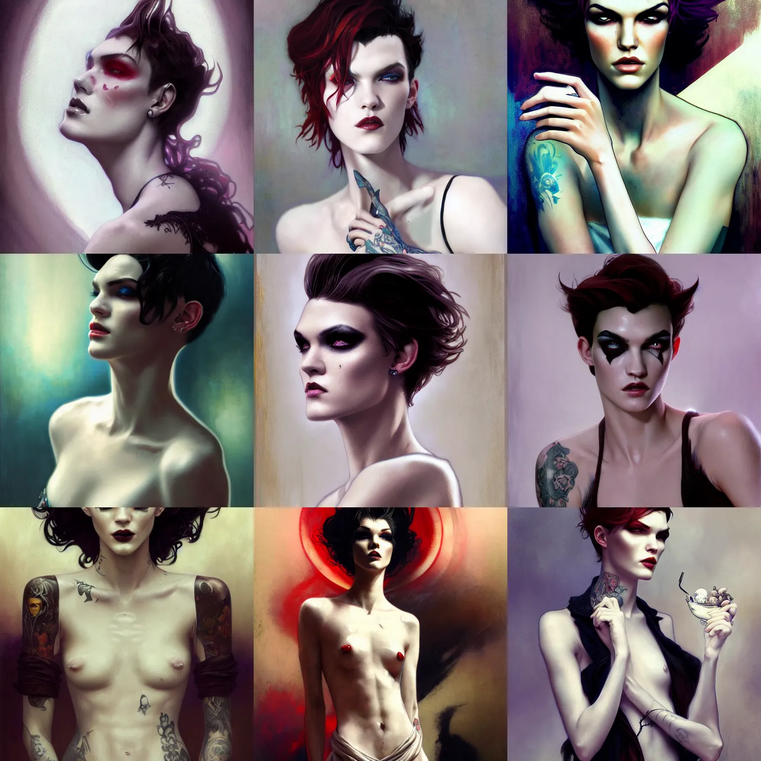 Prompt: beautiful portrait of androgynous ruby rose as desire from sandman, closed white tuxedo, rockabilly style, by cedric peyravernay, alphonse mucha, by jeremy mann, by lecouffe deharme, soft lightning, high detailed, 8 k