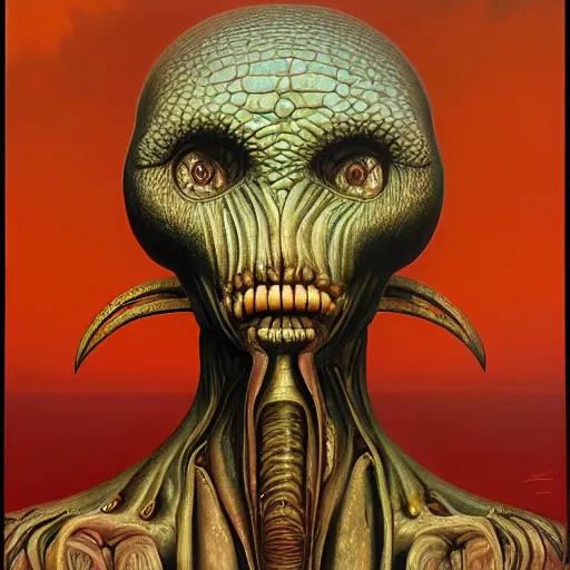 Image similar to female alien Protagonist by jacek yerka, alex gray, zdzisław beksiński, dariusz zawadzki, jeffrey smith and h.r. giger, oil on canvas, 8k highly professionally detailed, trending on artstation