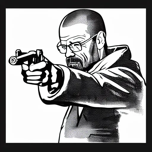 Image similar to Walter White pointing a gun at you, lineart