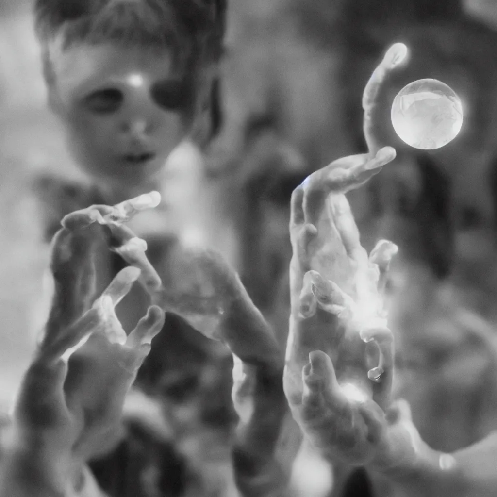 Prompt: dramatic opaline alien crystal levitating in the hands of a young awestruck child, cinematic, movie still, 35mm film, epic beautiful lighting