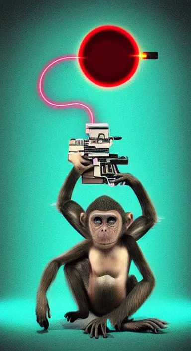 Image similar to “ small monkey with laser gun in large empty space, digital art, super aesthetic, art station trending, award winning ”