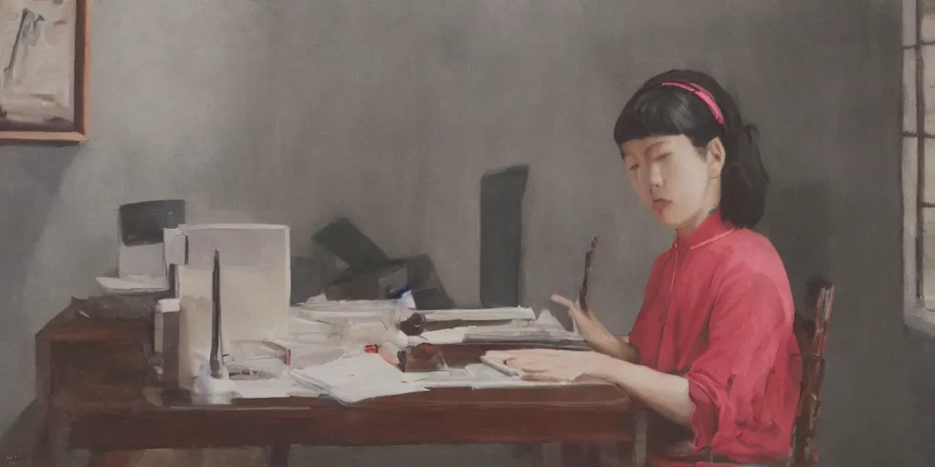 Prompt: Oil on canvas low angle of a Korean girl playing a recorder with her nose. Sitting at her computer desk. In the style of The Grand Budapest Hotel (2014)