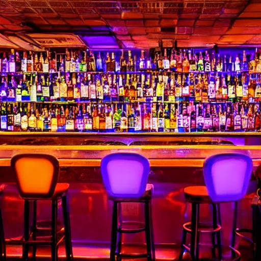 Prompt: a bar with neon lights and a wall of glowing fluorescent bottles in the background.