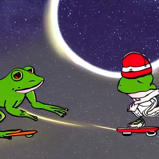 Image similar to skateboarding frog evading the space police in the style of no man's sky