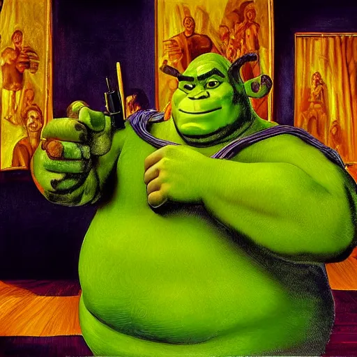 Prompt: a beautiful complex painting of shrek getting ready for a war