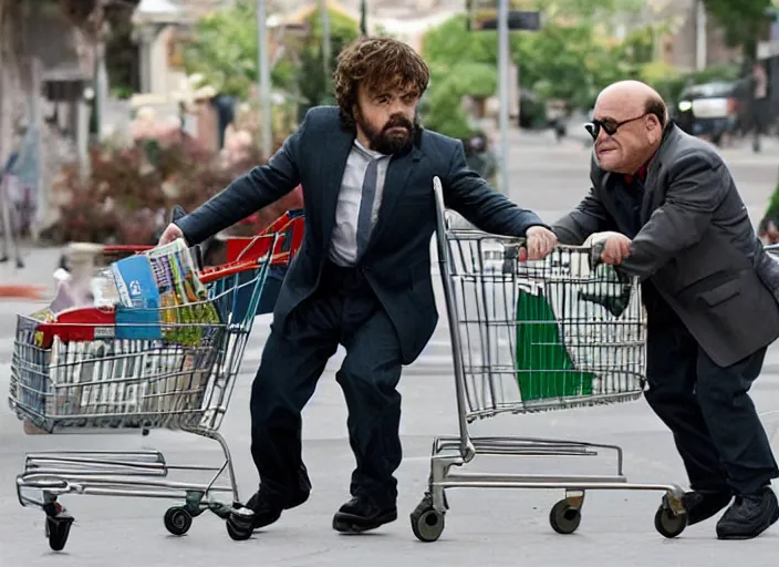 Image similar to peter dinklage in a shopping cart being pushed by danny devito, movie still, from the new jumangi movie, 8 k, realistic