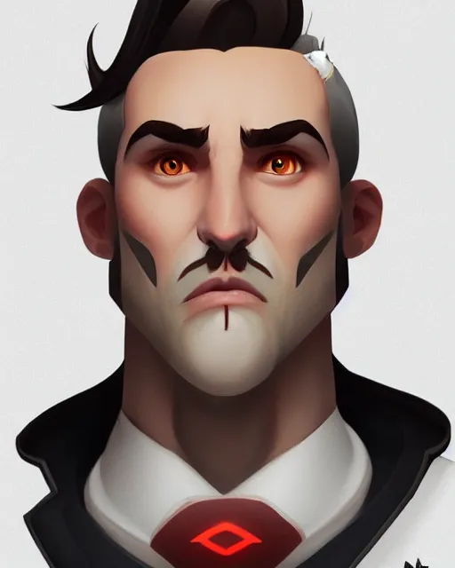 Prompt: overwatch concept art character portrait of a new character who is a young pale man with slicked back hair with soul patch beard and long crooked nose and gaunt cheeks, trending on artstation, cgsociety,