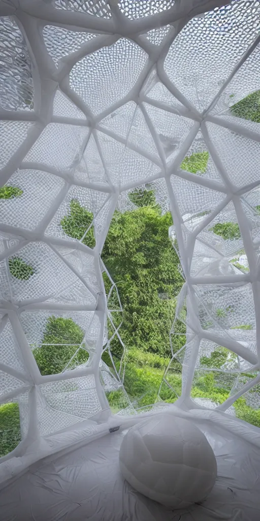 Prompt: inside inflatable organic geodesic home. the inflatable fabric translucent white, black stitching. very tall double - height living room and kitchen. fabric is a balloon inflated pressure. the mesh fabric strong woven texture. inflatable geodesic cellular geometry. hydroponic garden. architectural photography. unreal engine, 4 k, 8 k. volumetric lighting