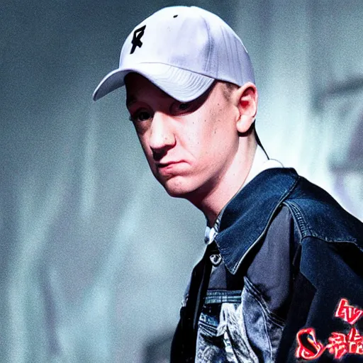 Image similar to award-winning photograph of Eminem cosplaying as an anime girl, highly detailed, ultra realistic, 8k, cinematic