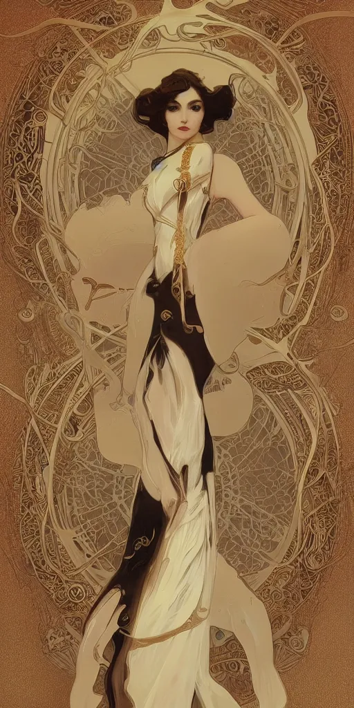 Image similar to beauty art nouveau woman, ivory and gold robotic, trending on artstation, by WLOP,Artgerm,Greg Rutkowski,Alphonse Mucha