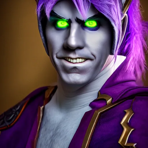 Prompt: will ferrell as a night elf, detailed face, purple!!! skin, world of warcraft cosplay, medium shot, studio lighting