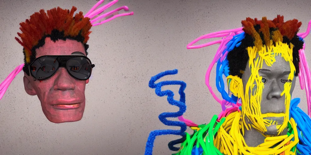 Prompt: a perfect bust of Jean-Michel Basquiat made out of rainbow ethereal pipe cleaners, 3D cinematic lighting, 90 degree spotlighting, photorealism, octane render, depth of field, 8k, 35mm, artgem, Trending on artstation