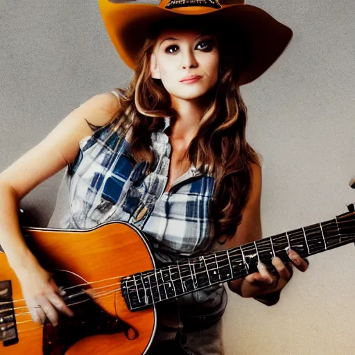 Image similar to a female fox animal, wearing cowboy hat, wearing plaid shirt, playing guitar, inside a barn, album cover style