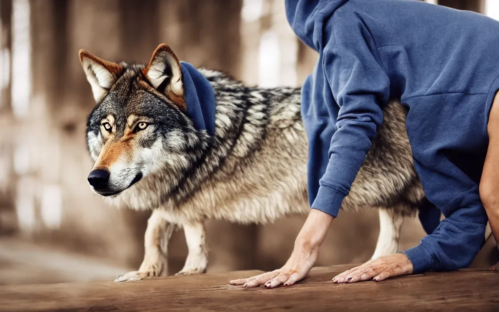 Prompt: human - like wolf in hoody stay in christian church and prays