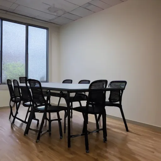 Prompt: A 10ft by 10ft room empty except for a table in the middle, table is centered, a computer on the table