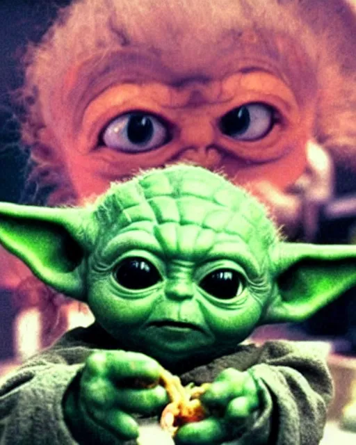 Prompt: baby yoda eating an octopus in the style of the movie oldboy