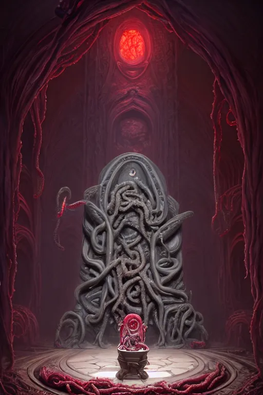 Prompt: a highly detailed matte painting of an illithid presenting an offering inside an expansive throne room with an enormous empty throne made of writhing flesh and entrails by studio ghibli, makoto shinkai, by artgerm, by wlop, by greg rutkowski, red tones, volumetric lighting, octane render, 4 k resolution, trending on artstation, masterpiece