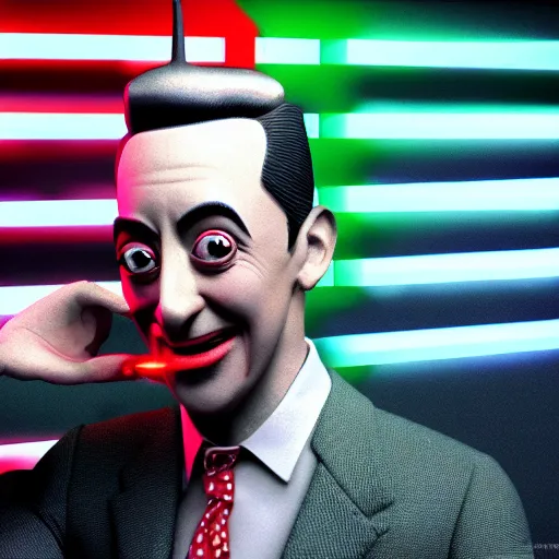 Image similar to a 3 d render of peewee herman on max headroom, octane render, unreal engine, hyperrealism, 8 k, trending on artstation, ultra detailed, volumetric lighting, dramatic lighting, lasers, neon