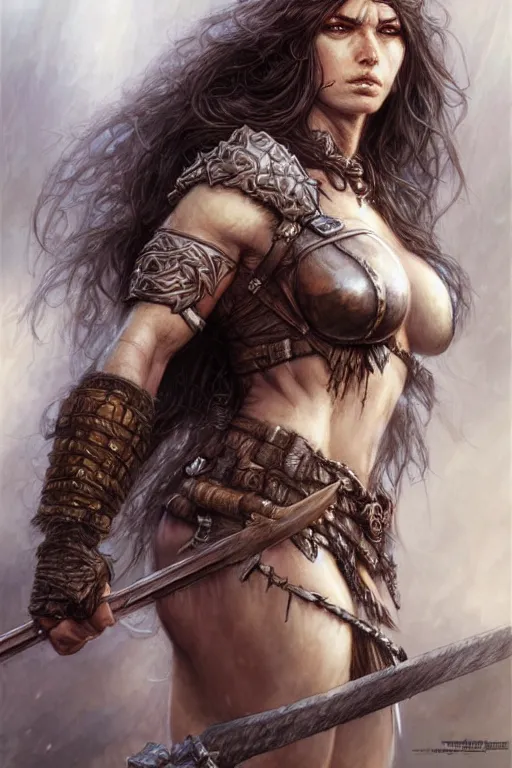 Image similar to head and shoulders portrait of a barbarian, female, high fantasy, dnd, digital illustration, by luis royo, magali villeneuve, donato giancola, wlop, krenz cushart, artgerm