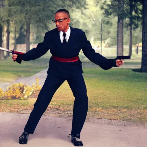 Prompt: Gus Fring wearing his work uniform holding a katana in a battle stance dramatic photograph