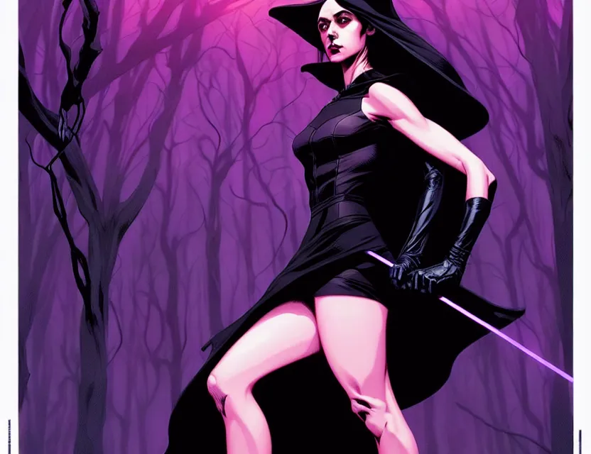 Image similar to Rafael Albuquerque comic cover art, artgerm, Joshua Middleton, pretty Stella Maeve witch doing black magic, serious look, purple dress, symmetrical eyes, symmetrical face, long black hair, full body, dark forest in the background, cool colors