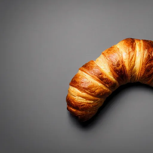 Image similar to professional studio photography of a croissant on a table, grey background, balanced lighting, xf iq 4, f / 1. 4, iso 2 0 0, 1 / 1 6 0 s, 8 k, raw, unedited, symmetrical balance, in - frame