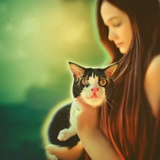 Prompt: a woman with long dark hair holding a cat in her arm standing on steps in a field at night, a hologram by kusama, instagram, optical illusion, full body, ultra hd, neon, pexels contest winner, high quality photo, rtx, hd, shiny eyes, a renaissance painting by sailor moon, anime, anime aesthetic