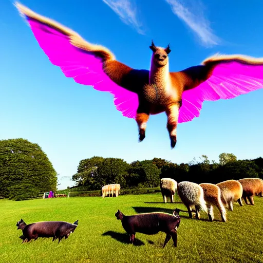 Prompt: photobomb by an alpaca, national geographic photograph of a flying pig with big pink wings, soaring through the sky, flying above other pigs. daylight, outdoors, wide angle shot