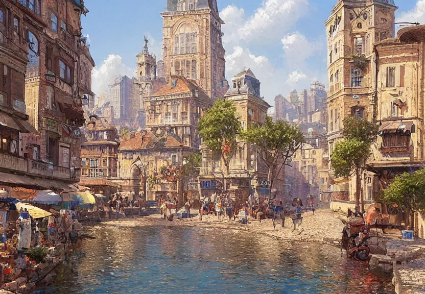 Prompt: pixel art of an old european city, summer season, a realistic digital painting by greg rutkowski and james gurney, trending on artstation, highly detailed