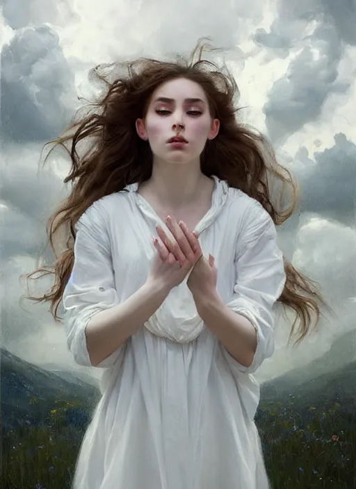 Prompt: portrait of girl dressed in white clothes , fantasy character portrait, dynamic pose, above view, sunny day, thunder clouds in the sky, artwork by Jeremy Lipkin and Giuseppe Dangelico Pino and Michael Garmash and rob rey, levitation, very coherent symmetrical artwork, perfect face, simple form