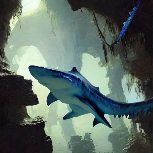 Image similar to blue crocodile shark hybrid, epic fantasy style art by Craig Mullins, fantasy epic digital art, epic fantasy card game art by Greg Rutkowski