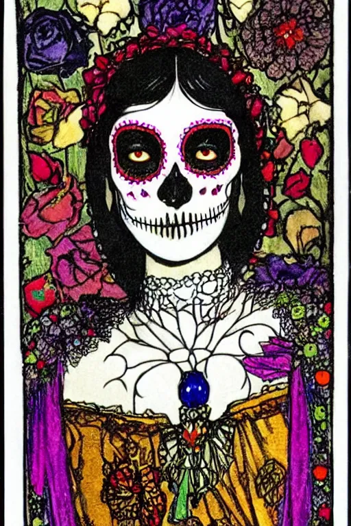 Prompt: Illustration of a sugar skull day of the dead girl, art by harry clarke