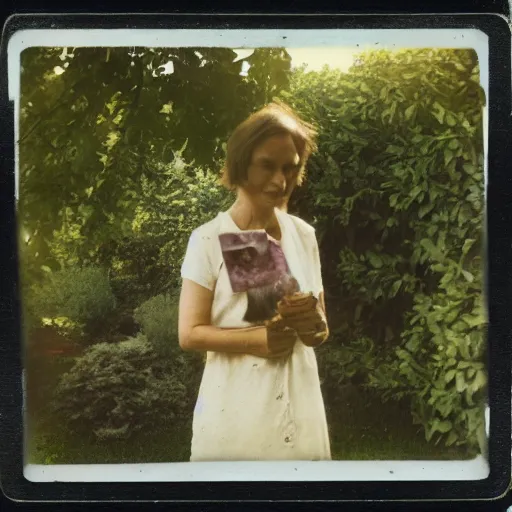 Prompt: woman standing in a french garden, an unidentified creature, bright summer day, washed out colors, polaroid