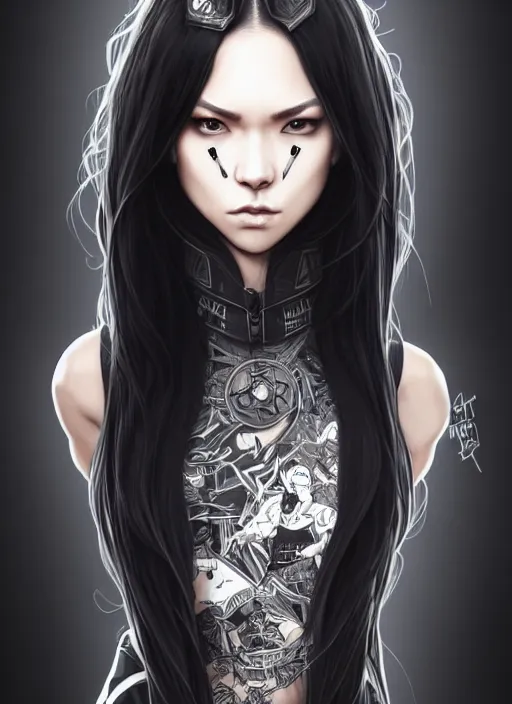 Prompt: full body portrait of long black hair girl within a streetwear. porcelain warforged, cynical face, concept art, character illustrations, intricate, highly detailed 8 k, smooth, matte, sharp focus, rim light, beautiful and aesthetic shape of face and body, artgerm, artstation, art by rinotuna