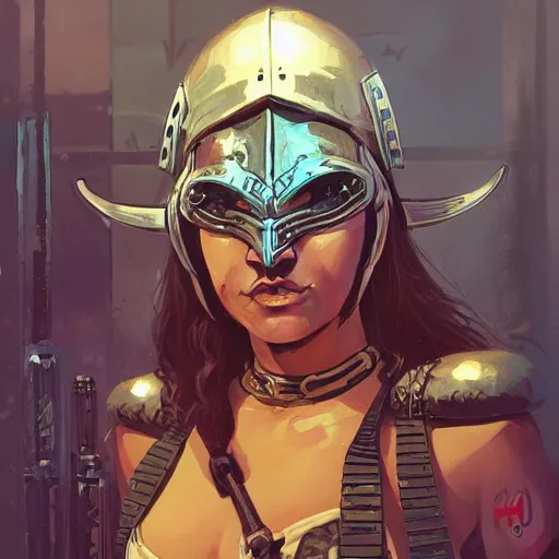 Image similar to cyberpunk viking helmet mask warrior goddess robot ninja fantasy, art gta 5 cover, official fanart behance hd artstation by jesper ejsing, by rhads, makoto shinkai and lois van baarle, ilya kuvshinov, ossdraws