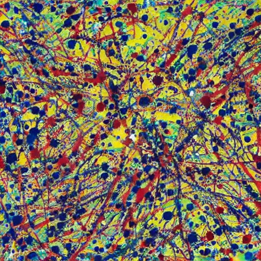 Prompt: in the style of jackson pollock a colour painting of the splitting of the atom and its consequences