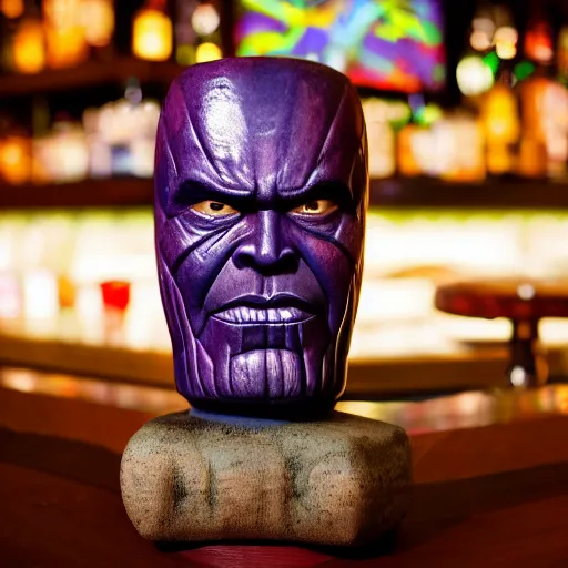 Image similar to a closeup photorealistic photograph of a glossy thanos style tiki mug sitting at a trader vic's bar featuring the face of thanos. tiki party. bright scene. fine detail. this 4 k hd image is trending on artstation, featured on behance, well - rendered, extra crisp, features intricate detail, epic composition and the style of unreal engine.