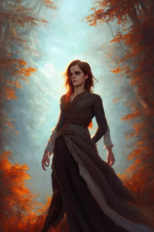 Image similar to emma watson goddess of the autumn twilight, highly detailed, digital painting, artstation, concept art, smooth, sharp focus, illustration, unreal engine 5, 8 k, art by artgerm and greg rutkowski and edgar maxence