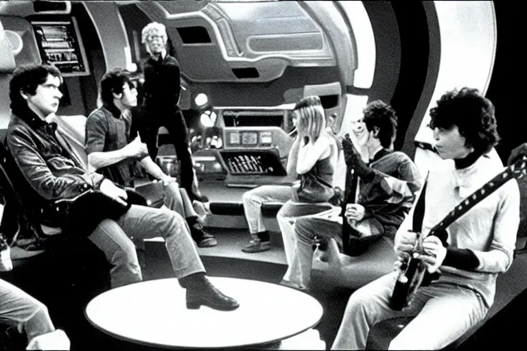 Prompt: the velvet underground on the bridge of a starship, movie still