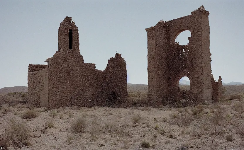 Image similar to movie still: in a desert, a ruined Mexican bell tower. In the foreground lies a bell, half-buried in the ground, by David Bailey, Cinestill 800t 50mm eastmancolor, heavy grainy picture, very detailed, high quality, 4k, HD criterion, precise texture