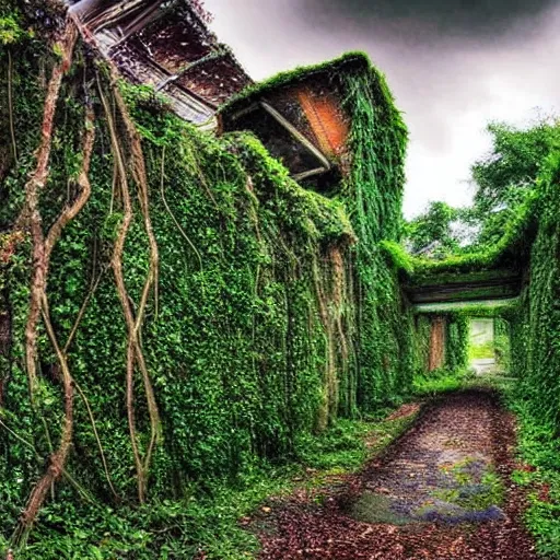 Prompt: Beautiful Landscape art of a ancient futuristic looking civilization, urbex, abandonned buildings, ivy creeping around technology