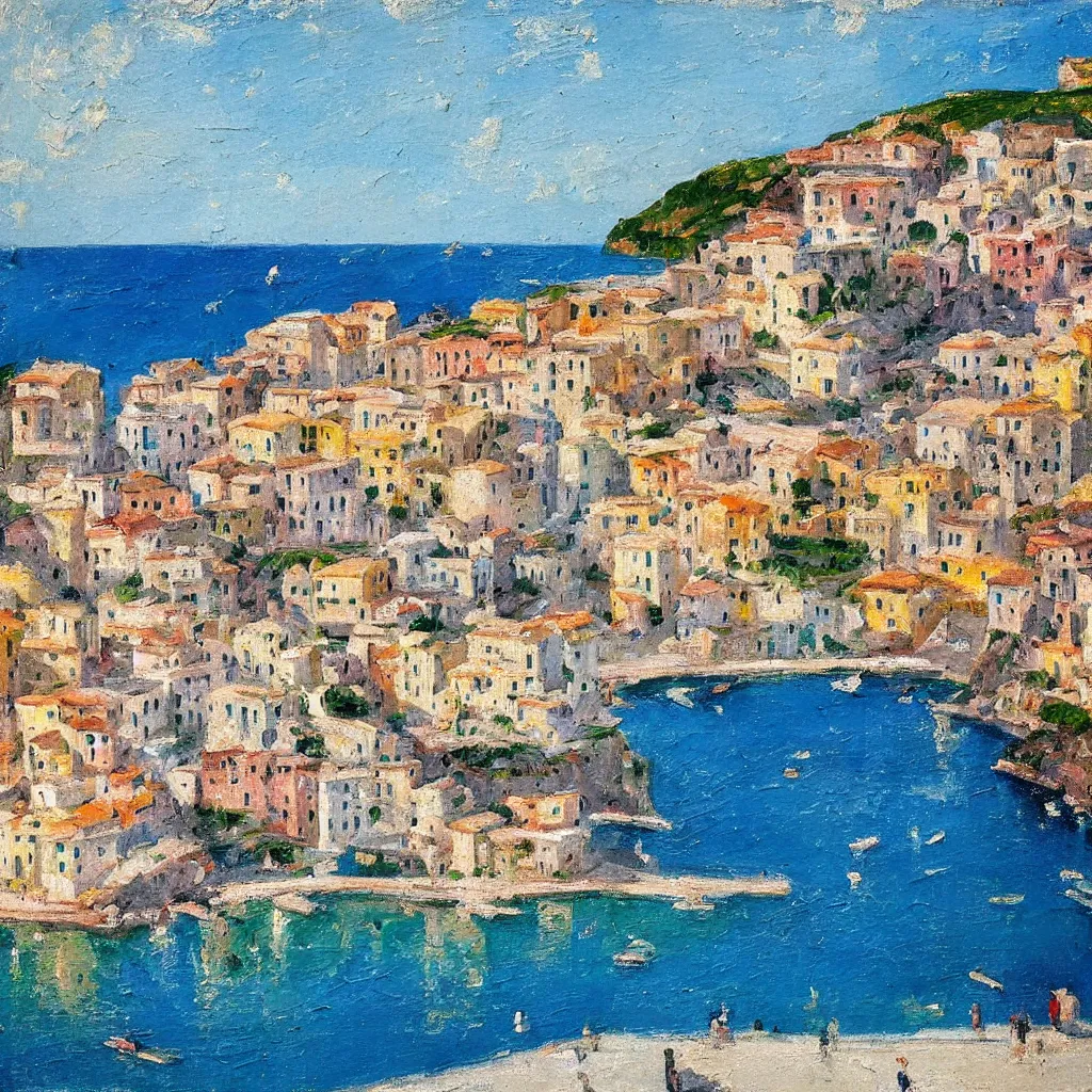 Prompt: By the sea’s edge Atrani, Italy, painted in the style of the old masters, painterly, thick heavy impasto, expressive impressionist style, painted with a palette knife