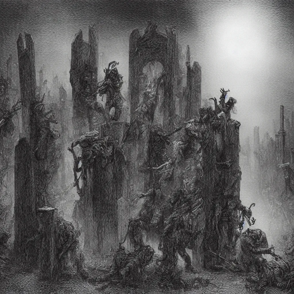 Image similar to nine steel barrels in a graveyard with 2 zombies, creepy atmosphere, dark, portrait, realistic, very realistic, illustration by gustave dore