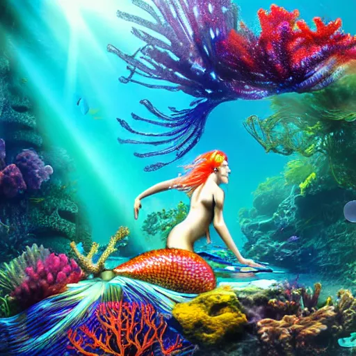 Image similar to a colorful cyborg mermaid, underwater, lush vegetation and coral, fish swimming around, god rays, dreamy, atmospheric, by Yoshitaka Amano