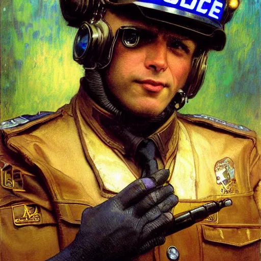 Image similar to portrait of a male rocket racoon in a police uniform. shadowrun furaffiniy cyberpunk fantasy highly detailed painting by gaston bussiere craig mullins jc leyendecker gustav klimt artgerm greg rutkowski john berkey, bergey, craig mullins, ruan jia, raymond swanland, jeremy mann, tom lovell, alex malveda