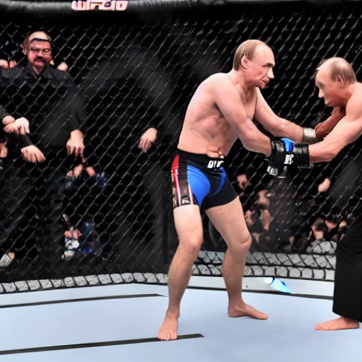 Image similar to macron and putin fighting in a ufc cage
