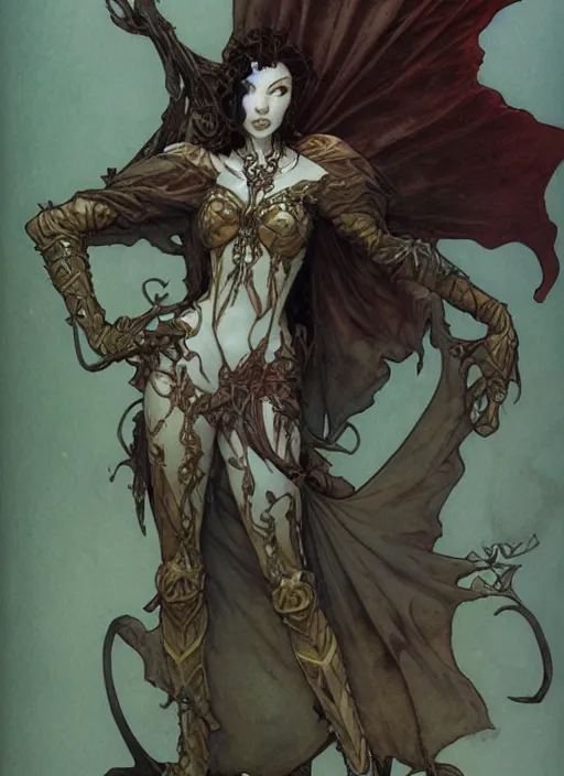 Image similar to drawing of a beautiful vampire woman, armor plates, by marc simonetti and brian froud and mike mignola and alfons maria mucha and peter mohrbacher, hyperdetailed