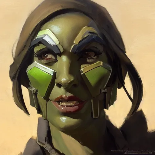 Image similar to greg manchess close - up portrait painting of a beautiful older female dieselpunk orc with olive green skin as an overwatch character, medium shot, asymmetrical, profile picture, organic painting, sunny day, matte painting, bold shapes, hard edges, street art, trending on artstation, by huang guangjian and gil elvgren and sachin teng